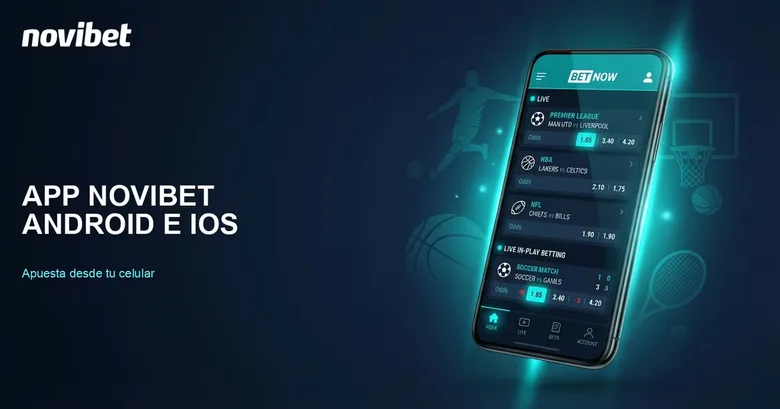 Imagen con el logotipo de novibet, el título «App novibet Android e iOS» y la frase «Apuesta desde tu celular», con un teléfono que muestra una interfaz de apuestas deportivas en vivo rodeado de íconos de fútbol, básquetbol y tenis