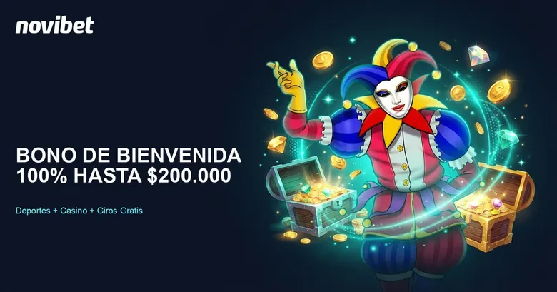 Pieza con el logotipo de novibet arriba a la izquierda, el texto «Bono de bienvenida 100% hasta $200.000» y la línea «Deportes + Casino + Giros Gratis», junto a un arlequín de carnaval y cofres abiertos rebosantes de monedas doradas