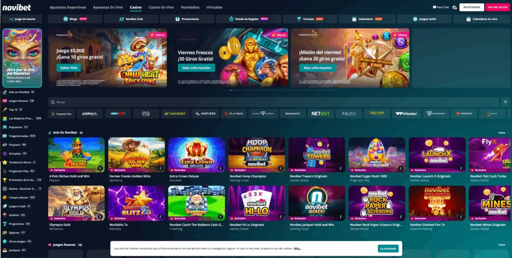 Pestaña de casino con tres banners de ofertas arriba, una fila de logotipos de proveedores y debajo dos filas de portadas de juegos etiquetadas como exclusivas.