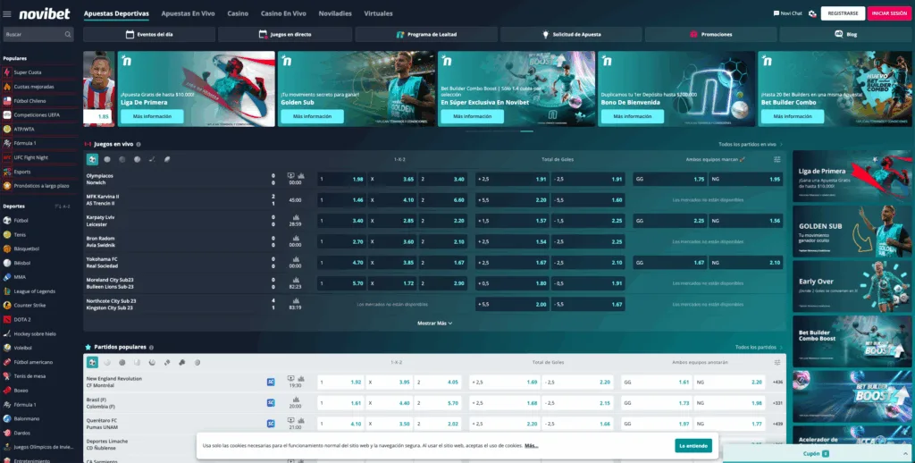 Captura de una portada de casa de apuestas: en la barra superior conviven las pestañas de apuestas deportivas, apuestas en vivo, casino y casino en vivo, con un solo par de botones de registro e inicio de sesión a la derecha.